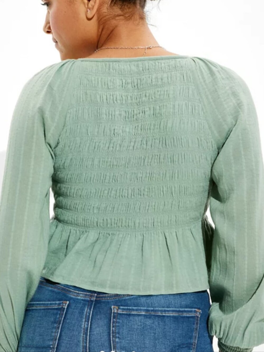 American Eagle Smocked Babydoll Long Sleeve Green Top Size Small - Picture 8 of 9